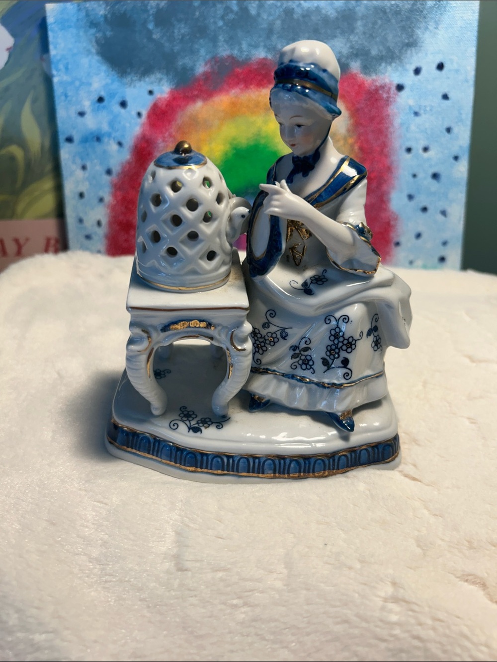 Vintage KPM Arnart Porcelain Figurine Woman Lacemaker Blue White Gold